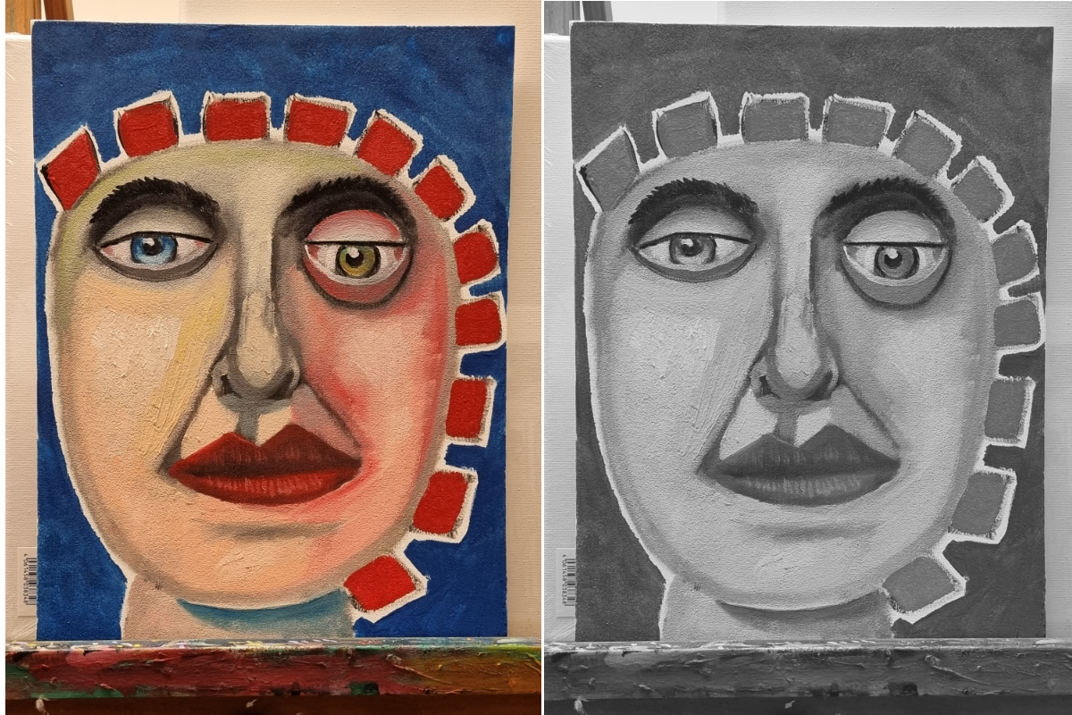 1 Foto Olebild KOpf, daneben das gleiche aber nur in schwarz-weiß